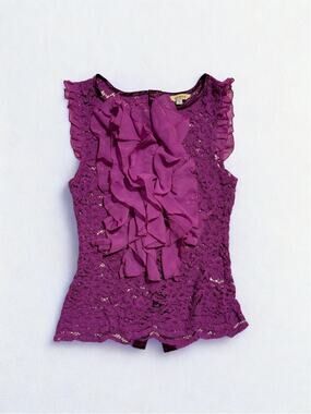 Purple Allover Lace Fitted Ruffle Front Sleeveless Blouse with Cloth Button Back